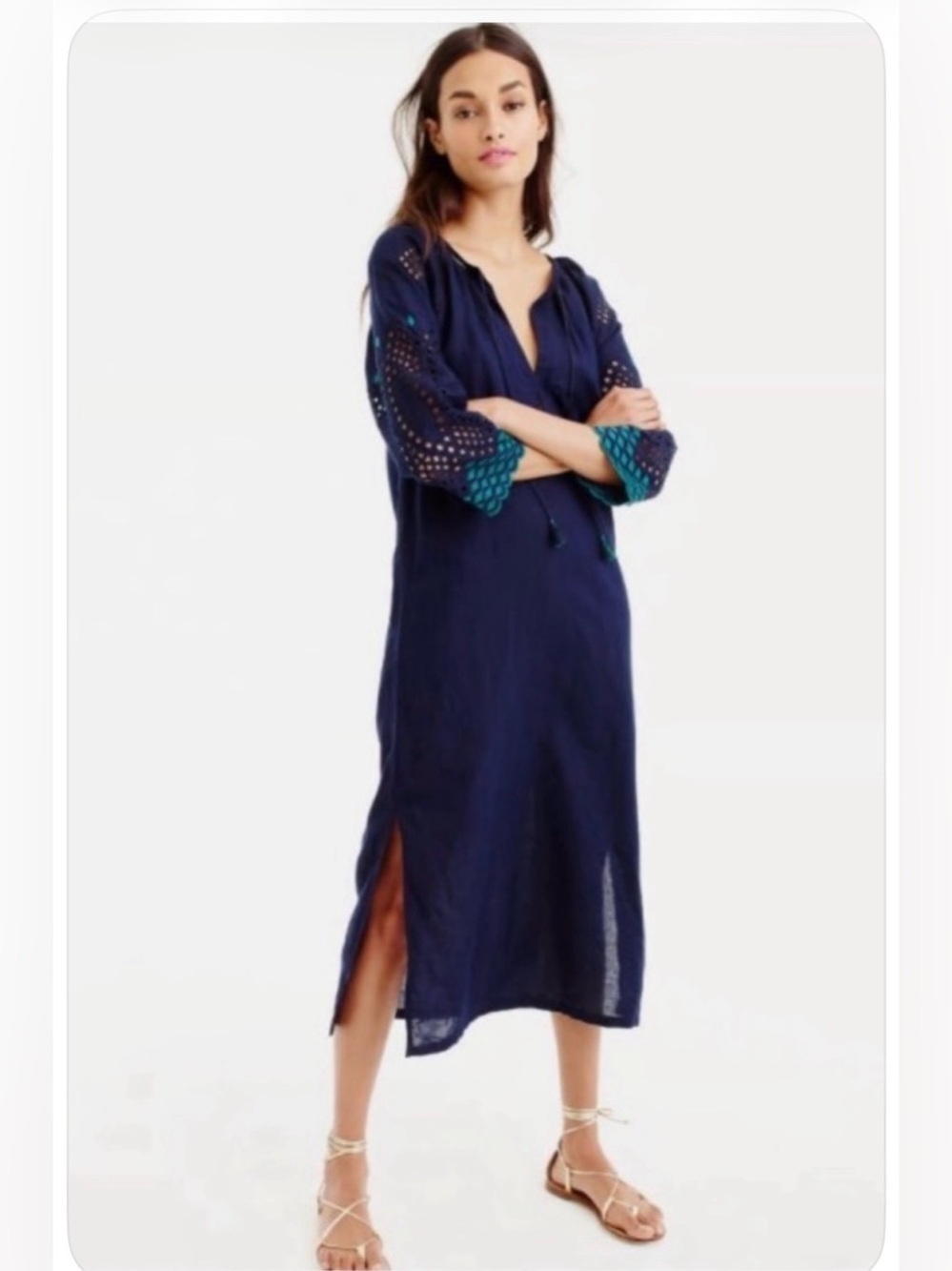 J. Crew Linen Blend Eyelet Caftan Embroidered Cover-Up Maxi Dress Sz S summer